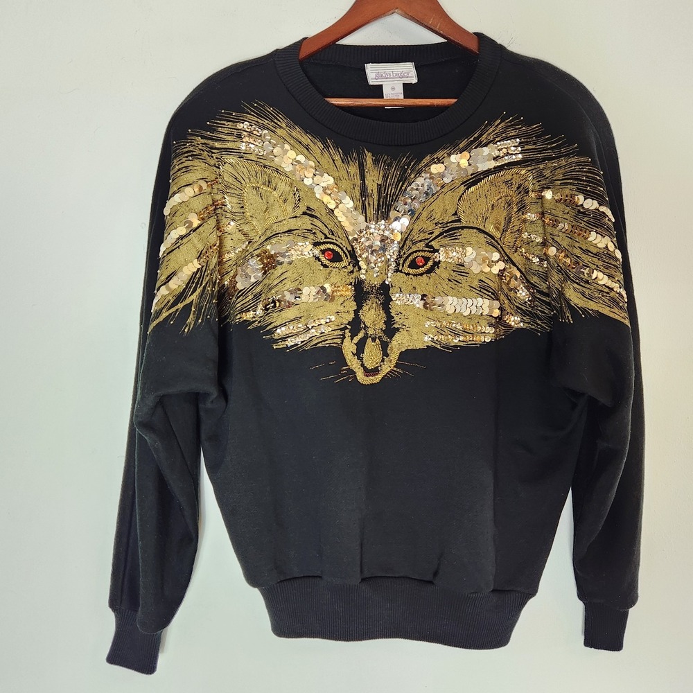 Vintage 80s Gladys Bagley Fox Sweater M Sequin Beaded Gold Black Maximalist Art